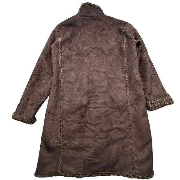 LL Bean BCT4 Faux Shearling Sherpa Long Coat Womens Large Brown Button - Picture 8 of 10